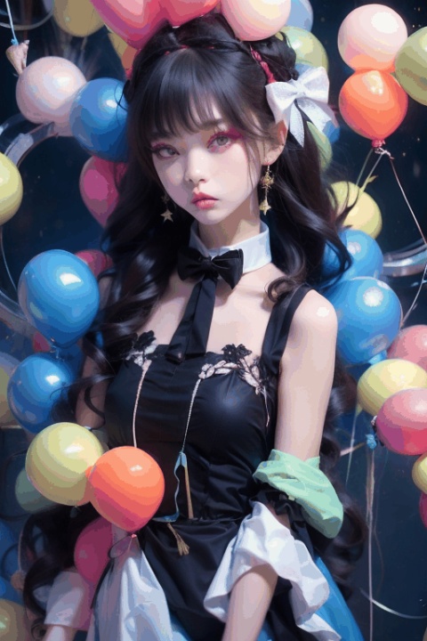  1girl, black long hair, bow tie, colorful dress, Colorful balloonsl, colorful balloons, starry sky, 