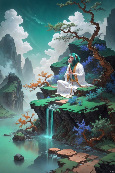 Masterpiece, best quality, 8K,HDR,(ultra-detailed original illustration: 1.3), Master's work, masterpiece, antique, 
cloud,mountain,scenery,outdoors,sky,sitting,robe,cloudy sky,tree,solo,architecture,1other,water,ambiguous gender,white robe,monkeys and ,apes,meditation through meditation,cuprite,malachite green,Blue copper ore
