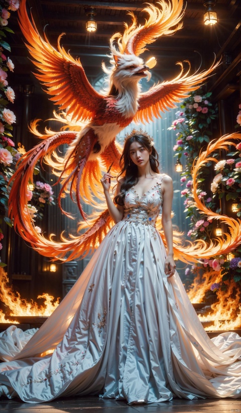  (Masterpiece), (Best Quality), (Super Detail), 1 girl, messy long hair, solo. Standing in front of the phoenix, a sparkling dress and huge flowers. In the blooming valley, the phoenix has colorful feathers, and flames emanate from its body. The sky, clouds, lava, high-quality fantasy art, surrounded by huge flowers. Contrast, extraordinary aesthetics, best quality, magnificent artwork, (illustrations), extremely exquisite and beautiful, Tindell effect, ultra fine, complex and realistic painting. Popular digital art masterpieces on DeviantArt and Artstation.

, 1girl