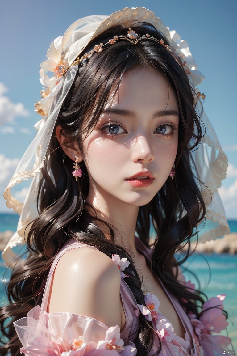 One wearing a purple veil and turban,Close-up of woman wearing tulle,  8k high quality detailed art, kawaii realistic portrait, Soft portrait shots 8K, Detailed portrait of the girl, Stunning facial portraits,Detailed beautiful face, Beautiful girl portrait,sky blue hair,semi long hair,blue eyes