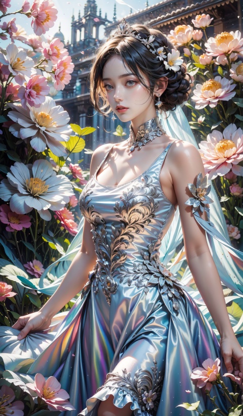  (masterpiece, best quality:1.2), illustration, absurdres, highres, extremely detailed, 1 girl, white short hair, eye highlights, dress, short puffy sleeves, frills, outdoors, flower, fluttering petals, upper body, depth of field, (:d:0.8), chromatic aberration abuse,pastel color, Depth of field,garden of the sun,shiny, sparkling dress