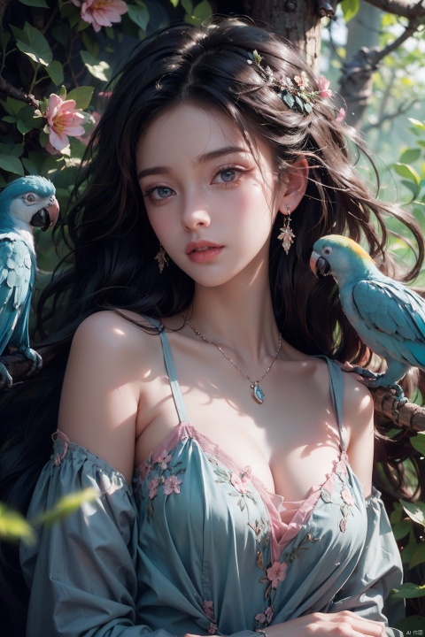 (Masterpiece, best quality, high-resolution: 1.2), (upper body), surrealist photography, 1 girl, light blue dress. Solo, (Pink Parrot), Bird, Necklace, Black Curly Hair, Flowing Hair, Flowers, Forest Background, Many Birds Sleeping Together, Depth of Field, Watching the Audience, Female Focus, Retro, Realistic Characters, Best Quality, Film


