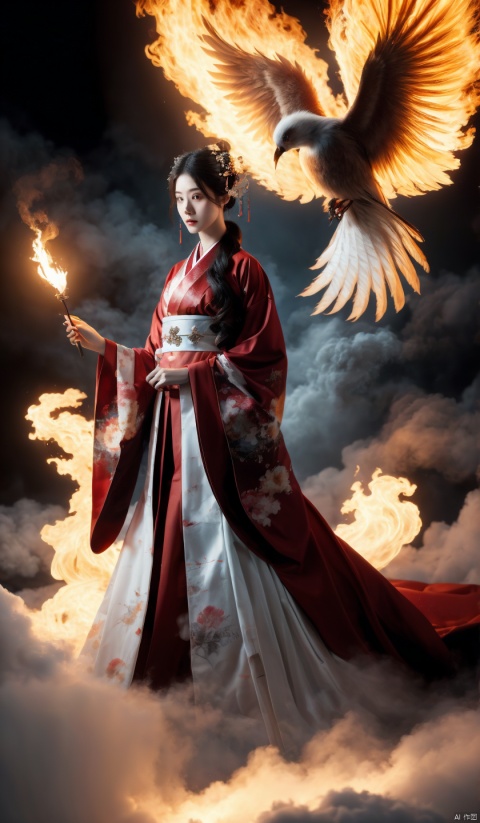 (Best quality, detailed images, 8K, realism, theatrical lighting), (digital art, digital illustrations), (camera focused on face), 1Girl, solo, long hair, black hair, hair accessories, standing, Japanese clothing, wide sleeved, kimono, floating hair, birds, prints, floating flame magic circle, red kimono, kanzashi, burning flame magic, wide-angle lens, ultra-high definition, high-resolution, very detailed, best quality, clear theme, super realistic, super detailed,

