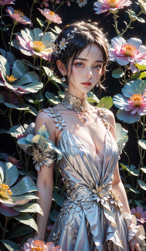  (masterpiece, best quality:1.2), illustration, absurdres, highres, extremely detailed, 1 girl, white short hair, eye highlights, dress, short puffy sleeves, frills, outdoors, flower, fluttering petals, upper body, depth of field, (:d:0.8), chromatic aberration abuse,pastel color, Depth of field,garden of the sun,shiny, sparkling dress