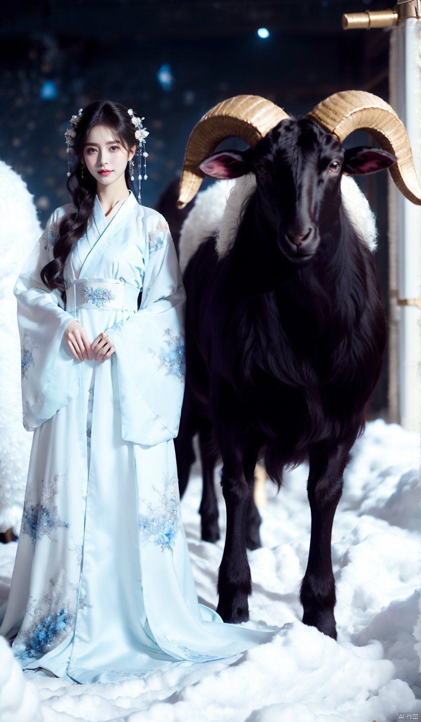 (Best quality, detailed images, 8K, realism, theatrical lighting), (digital art, digital illustrations), (camera focused on face), 1 girl, long hair, black hair, hair accessories, dress, standing in front of the sheep, full body, flower, (sheep composed of stars: 1.2), sparkling sheep, starry sky, hair flower, wide sleeves, hair bun, belt, blue dress, Chinese clothing, winter, snow, stairs, forehead markings, Hanfu, wide-angle lens, ultra-high definition, high-resolution, very detailed, best quality, clear theme, ultra realistic, ultra detailed,

