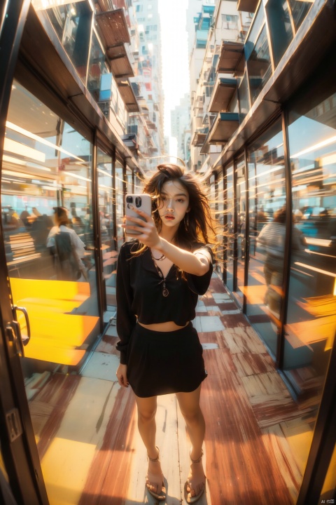  1girl, fisheye, selfie, full body, wind, messy hair, sunset, beach, (aesthetics and atmosphere:1.2),behisheroine,moyou