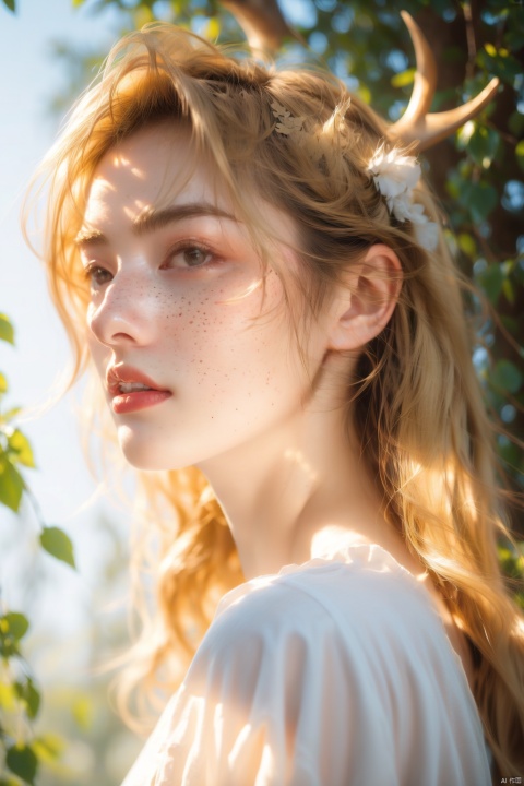  Vintage portrait, photography style, soft focus, pure face,Deer, girl, antlers, vine with leaves, Blonde hair, European and American advanced face, freckles, Detailed light and shadow, Wind, (Strong Sunshine),Two plaits, The forest,Front light source,
, 1girl
