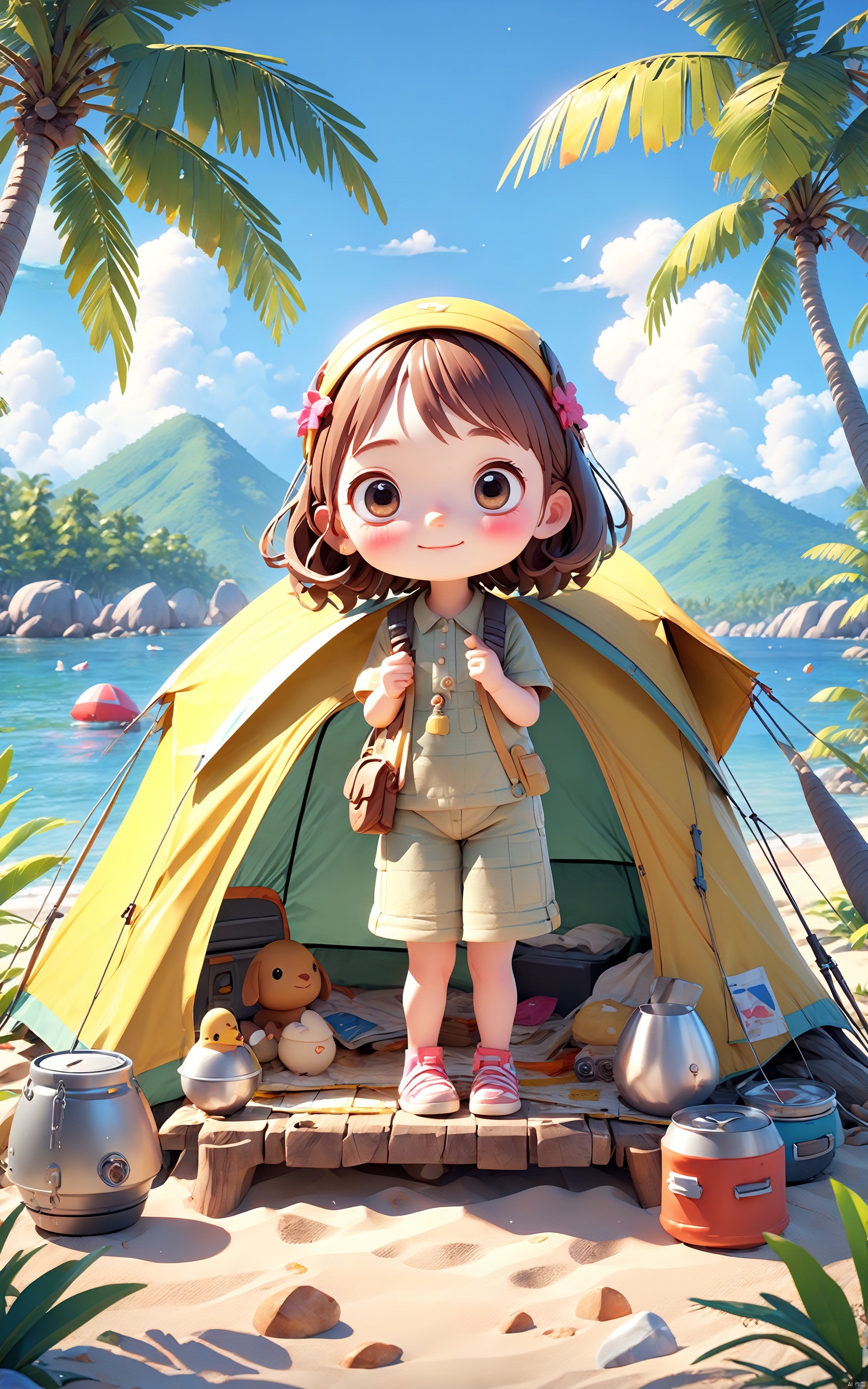  In spring, a super cute little girl is camping by the seaside. There are cars, tents, chairs, Chicken rolls tables, barbecues, coconut trees, coconuts, beaches, oceans, treatment systems, big eyes and happy smiles. Wonderful clean and bright background, super cute girl, popular blind box clay style, bright background, 3D art, Pixar trend, octane rendering, ray tracing, complex details, animated lighting, vibrant colors, best quality, c4d

