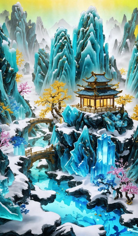  Miniature landscape, (bird's eye view: 1.2), Chinese Tang Dynasty landscape painting, Zen aesthetics, Zen composition, Chinese architectural complex, transparent quartz crystal, X-ray crystallography, colored glaze, snow, luminescence, cyan light, ice silk fiber, macro lens, rich light, luminous mountains, mountains, clouds, depth of field, extreme details, incomparable details, film special effects, lifelike, 3D rendering, fine details