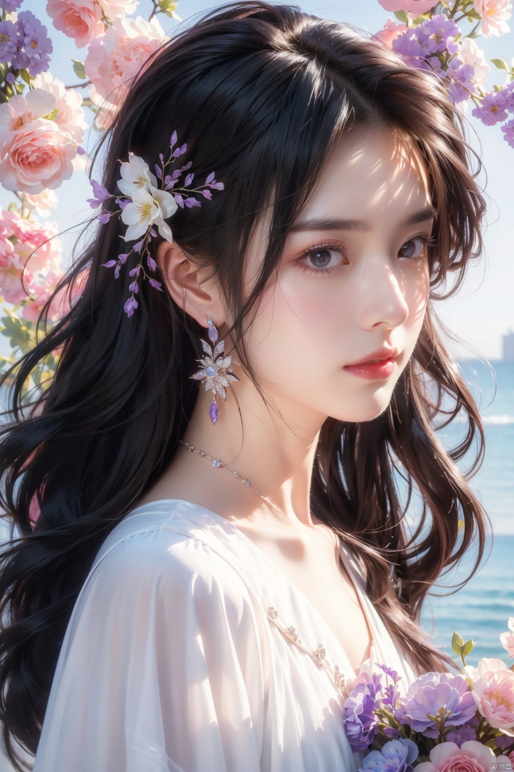  (best quality, high resolution, masterpiece:1.2), beautiful noble girl dynamic half-length portrait, elegant black hair elegantly coiled up, clear purple eyes, exquisite floral arrangement on the hair, crystalline jewelry strands, ultra-detailed, upgraded.