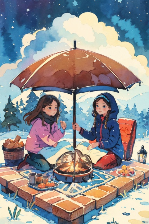  (5 girls watching and playing with each other), whole body (Laurie: 1.2), camping, picnicking, barbecue, barbecue, winter, snow, night, children's illustrations, masterpiece, best quality,watercolor, CGArt Illustrator