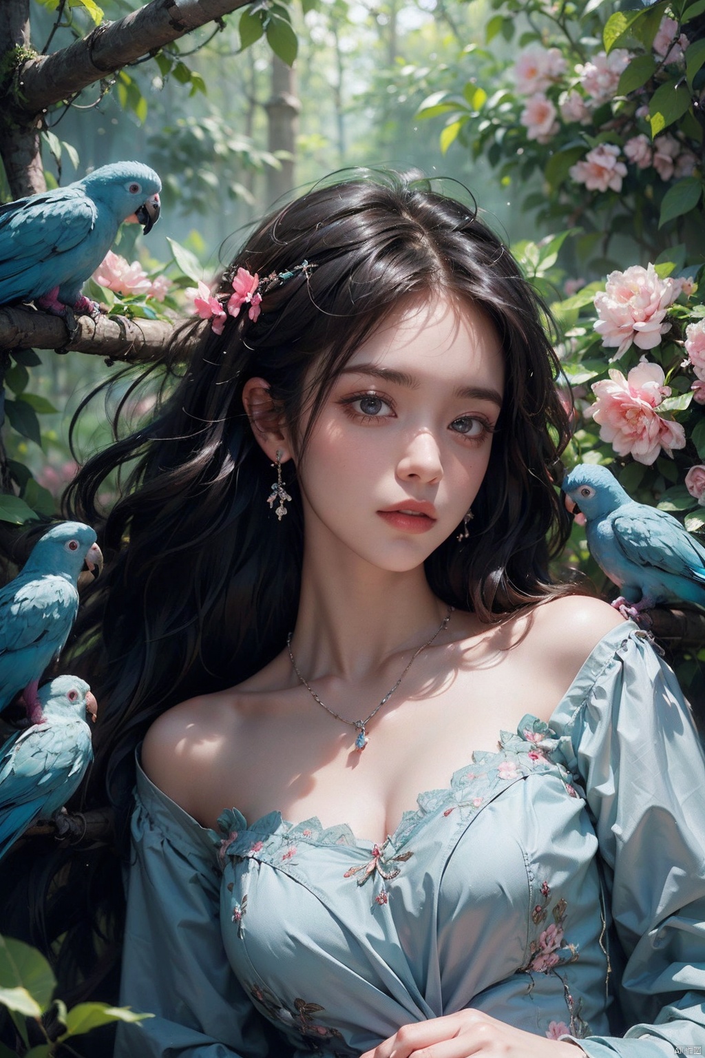 (Masterpiece, best quality, high-resolution: 1.2), (upper body), surrealist photography, 1 girl, light blue dress. Solo, (Pink Parrot), Bird, Necklace, Black Curly Hair, Flowing Hair, Flowers, Forest Background, Many Birds Sleeping Together, Depth of Field, Watching the Audience, Female Focus, Retro, Realistic Characters, Best Quality, Film

