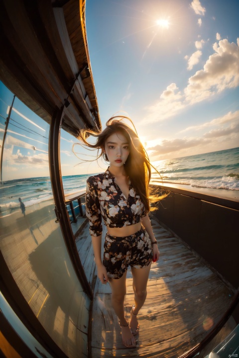  1girl, fisheye, selfie, full body, wind, messy hair, sunset, beach, (aesthetics and atmosphere:1.2),behisheroine