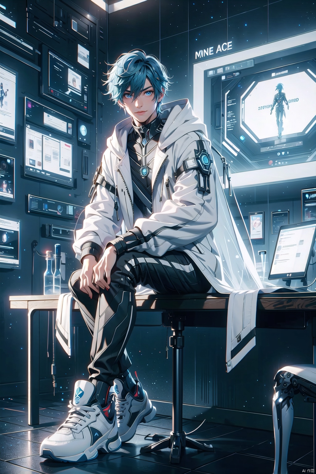  1 boy. Blue hair, futuristic cape, solo, looking at the audience, hair between eyes, smile, blue eyes, stand up jacket, male focus, white and black short jacket, science fiction, book, desk lamp, floating holographic screen, mechanical leg guards, (sitting: 1.2), sports shoes, starry sky, aurora borealis outside the window, cyberpunk

