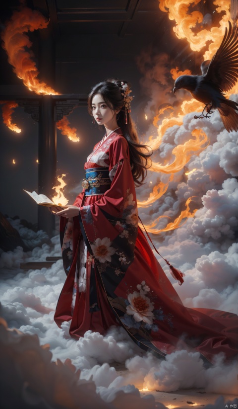  (Best quality, detailed images, 8K, realism, theatrical lighting), (digital art, digital illustrations), (camera focused on face), 1Girl, solo, long hair, black hair, hair accessories, standing, Japanese clothing, wide sleeved, kimono, floating hair, birds, prints, floating flame magic circle, red kimono, kanzashi, burning flame magic, wide-angle lens, ultra-high definition, high-resolution, very detailed, best quality, clear theme, super realistic, super detailed,

