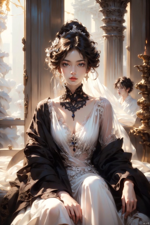  photogenic, calm, adorable, elusive, calm, black-and-white, nebulous, ephemeral, nostalgic, elegant, by Eileen Agar, Roberto Ferri, tim walker, Yuumei, Polly Nor, (professional, intricate details, masterpiece, best quality:1.5), pf-hd, tutult, shidudou, brown bow, JK