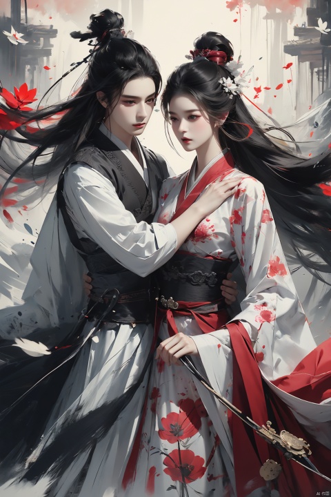  Pencil drawing with colored lead, long black hair, white pink clothes, delicate face, Hanfu, a man and a woman, lovers, embrace each other,Ink scattering_Chinese style, smwuxia Chinese text blood weapon:sw, lotus leaf, (\shen ming shao nv\)