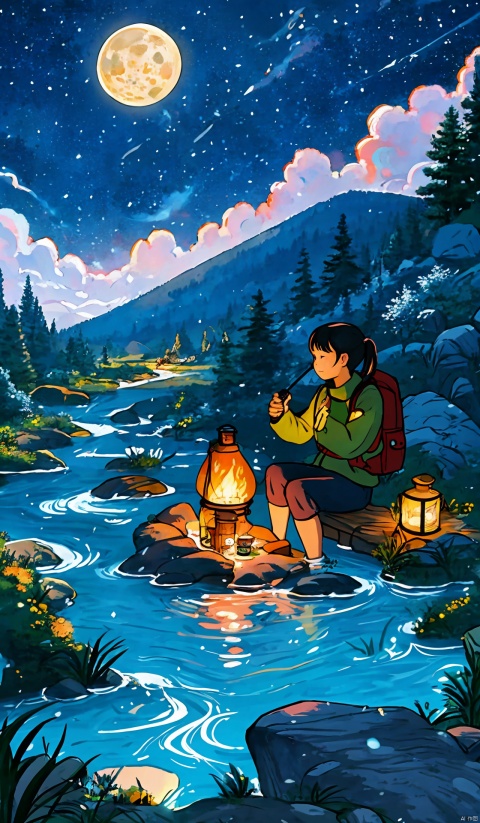masterpiece, best quality, ultra-detailed, illustration, 1girl, solo, outdoors, camping, night, mountains, nature, stars, moon, bonfire, tent, twin ponytails, green eyes, cheerful, happy, backpack, sleeping bag, camping stove, water bottle, mountain boots, gloves, sweater, hat, flashlight, forest, rocks, river, wood, smoke, shadows, contrast, clear sky, constellations, Milky Way, peaceful, serene, quiet, tranquil, remote, secluded, adventurous, exploration, escape, independence, survival, resourcefulness, challenge, perseverance, stamina, endurance, observation, intuition, adaptability, creativity, imagination, artistry, inspiration, beauty, awe, wonder, gratitude, appreciation, relaxation, enjoyment, rejuvenation, mindfulness, awareness, connection, harmony, balance, texture, detail, realism, depth, perspective, composition, color, light, shadow, reflection, refraction, tone, contrast, foreground, middle ground, background, naturalistic, figurative, representational, impressionistic, expressionistic, abstract, innovative, experimental, unique