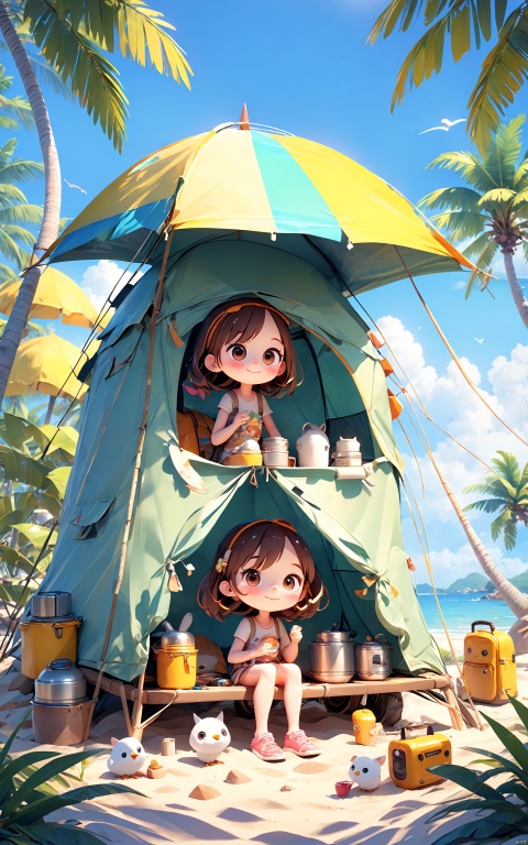 In spring, a super cute little girl is camping by the seaside. There are cars, tents, chairs, Chicken rolls tables, barbecues, coconut trees, coconuts, beaches, oceans, treatment systems, big eyes and happy smiles. Wonderful clean and bright background, super cute girl, popular blind box clay style, bright background, 3D art, Pixar trend, octane rendering, ray tracing, complex details, animated lighting, vibrant colors, best quality, c4d

