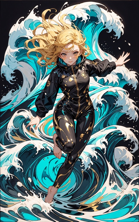  A full body photo in marble art, where a girl leaps out of the waves, splashing waves towards the camera, with gold and black colors, emotional facial expressions, realistic liquid movements, and an organic and smooth style in the EBRU style

, Cyberpunk Fantasy
