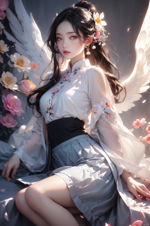 Chinese painting,Ethereal beauty,Ink wash painting,Ink splashes,Gongbi,Delicate brushwork,Zen simplicity, high quality, masterpiece, ultra-high resolution, incredible composition, extremely detailed, crazy details, a girl, angel wings, beautiful face, perfect female body, (skirt **** up of flowers:1.5), translucent body, transparent petals, luminous petals, gradient, contour light, light particles, award winning art,