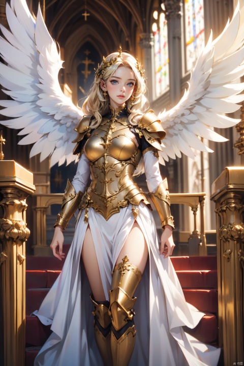 Best quality,realistic,In Church,a girl,Beautiful,angel,blond hair,(Armor dress:1),Golden wings,White feather,