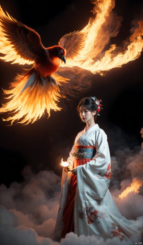 (Best quality, detailed images, 8K, realism, theatrical lighting), (digital art, digital illustrations), (camera focused on face), 1Girl, solo, long hair, black hair, hair accessories, standing, Japanese clothing, wide sleeved, kimono, floating hair, birds, prints, floating flame magic circle, red kimono, kanzashi, burning flame magic, wide-angle lens, ultra-high definition, high-resolution, very detailed, best quality, clear theme, super realistic, super detailed,


