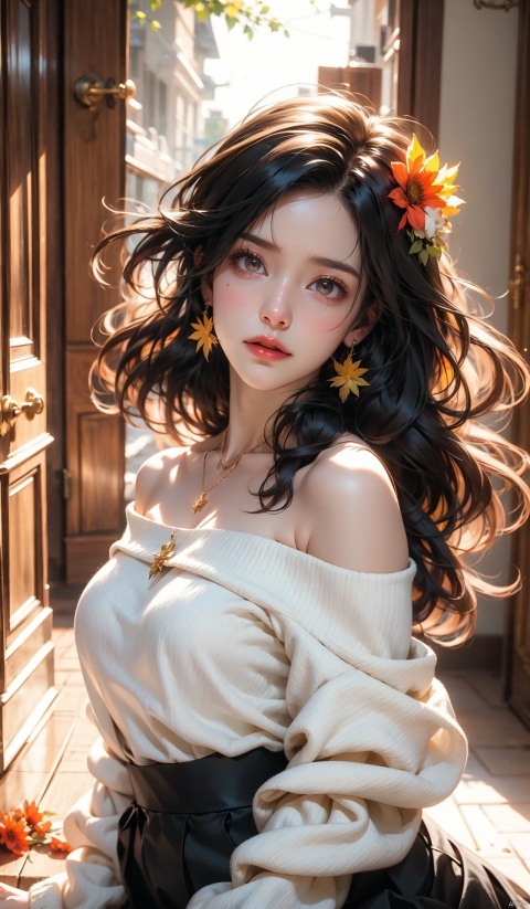  1 girl, jewelry, solo, earrings, long hair, forehead markings, black hair, necklace, bare shoulders, flowers, red lips, hair flowers, upper body, skirt, off shoulder, facial markings, head down, makeup, lips, candles, collarbones, long sleeves, tears streaming down, crying, Tyndall effect, 8k, large aperture, masterpiece of the century, sit, maple leaf, doorway, corridor, Sun on face