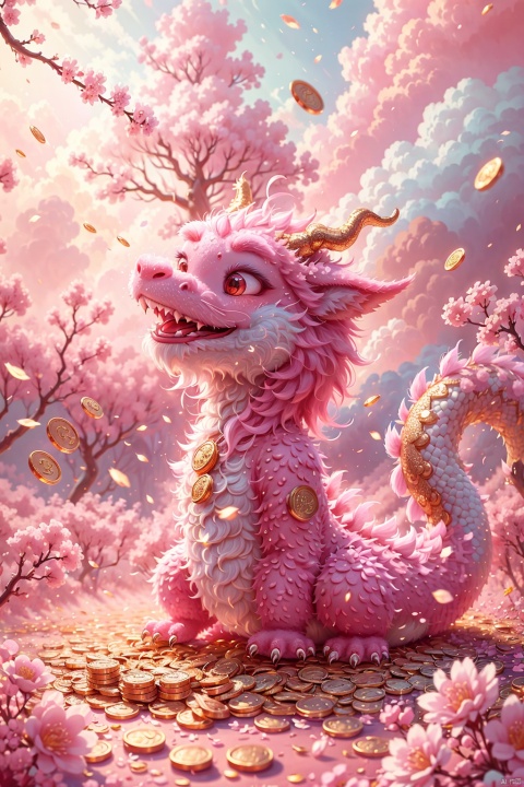  Masterpiece, high-quality, Pixar animated style, a cute Chinese dragon, scattered with gold coins, surrounded by gold coins, with a bright smile, white clouds. Sakura tree, cherry blossoms, pink sky, soft light, looking up, rich details, realistic details, light blue or light red, strong close-up, surrealistic illustrations,

