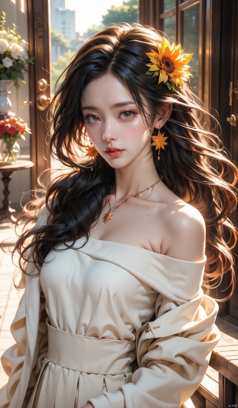  1 girl, jewelry, solo, earrings, long hair, forehead markings, black hair, necklace, bare shoulders, flowers, red lips, hair flowers, upper body, skirt, off shoulder, facial markings, head down, makeup, lips, candles, collarbones, long sleeves, tears streaming down, crying, Tyndall effect, 8k, large aperture, masterpiece of the century, sit, maple leaf, doorway, corridor, Sun on face