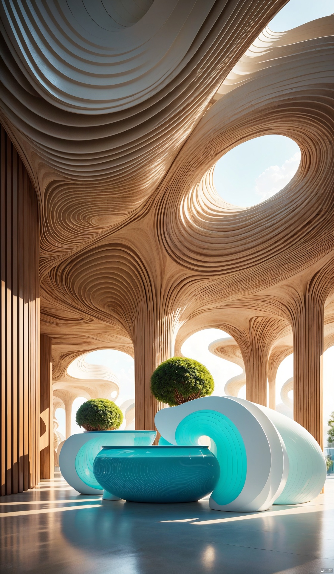 An Internet celebrity restaurant, green stools, white table, surrounded by many plants, roof decoration like clouds, David chipperfield style, soft fog,soft atmospheric scenes,wavy resin sheets terrain photography, soft and circular forms, attention to detail, striped arrangement,In a soft and airy composition style, light qreen, non-traditional use of space, Norwegian nature, commercial imagery, circular forms, plant richness,8k
, Installation art