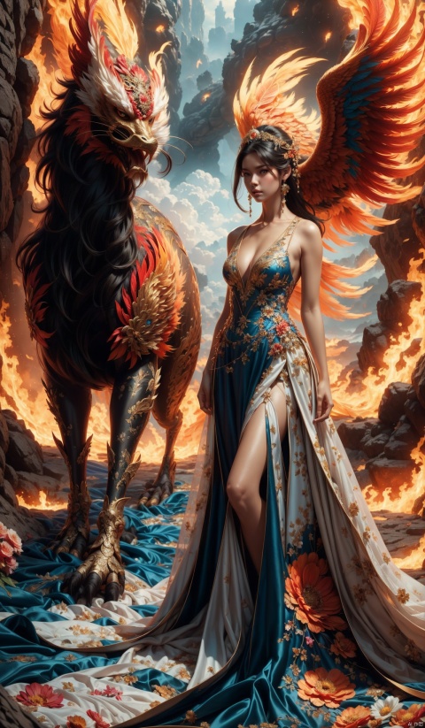  (Masterpiece), (Best Quality), (Super Detail), 1 girl, messy long hair, solo. Standing in front of the phoenix, a sparkling dress and huge flowers. In the blooming valley, the phoenix has colorful feathers, and flames emanate from its body. The sky, clouds, lava, high-quality fantasy art, surrounded by huge flowers. Contrast, extraordinary aesthetics, best quality, magnificent artwork, (illustrations), extremely exquisite and beautiful, Tindell effect, ultra fine, complex and realistic painting. Popular digital art masterpieces on DeviantArt and Artstation.

