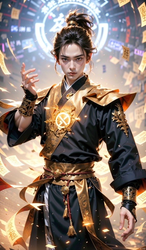  real, Photo, (A man: 1.2), yellow tone,A Chinese teenager wearing a silver armor stands in the air, , gestures forming spells, martial arts immortality, palace game characters carrying gold runes around, cyberpunk style, neon lights, best image quality, 3D rendering, looking up, ultra wide angle, fisheye, lens focusing on the whole body, 16K, ultra high definition, high resolution, very detailed, best image quality,(ray tracing), (holographic, rainbowish, expressive, dynamicpose:1.0),