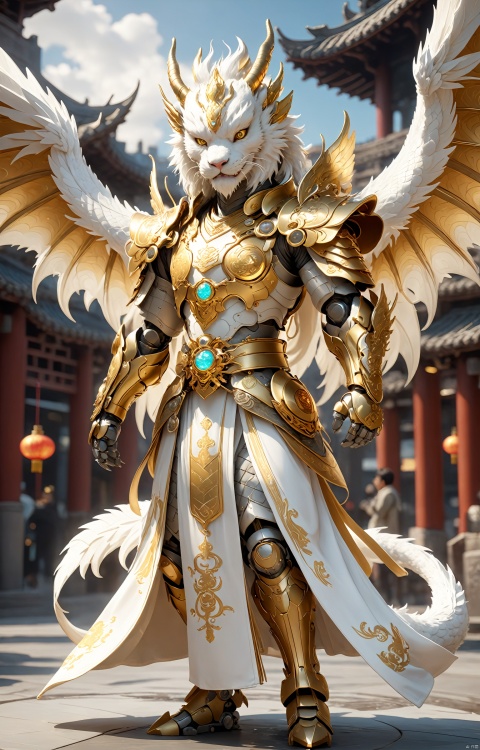  ((full body)),Extreme viewing angle, fisheye lens,Handsome Chinese dragon, white and gold basedancient Chinese robe, fluffy fur, cute features,A halo floating on the head,,Beautiful mechanical wings,The bustling urban background, front, character IP design, 3D, OC rendering,C4D,cinematic lighting, ray tracing, UHD, anatomicallycorrect,ccurate, super detail, high details, best quality, 16k