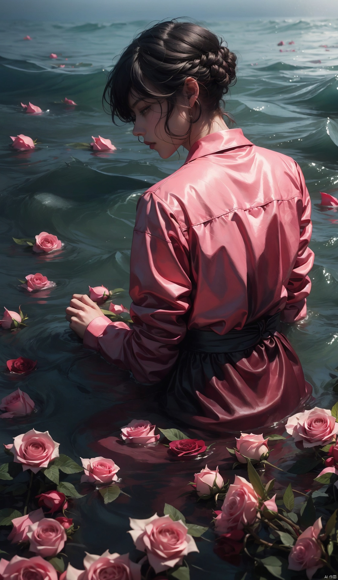Absurd, realistic rendering, (masterpiece, best quality) 1 boy, flower, male focus, solo, black hair, pink flowers, outdoor, water, ocean, rose, black jacket, short hair, jacket, looking from behind, pink rose, long sleeves, horizon, red flowers, sitting, partially submerged, shirt, (8k, best quality, ultra-high resolution, masterpiece: 1.2),

