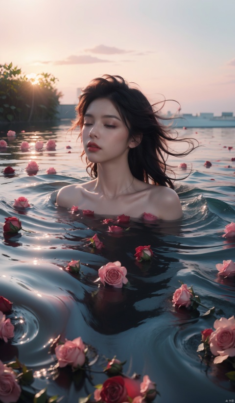 Absurdity, realistic rendering, (masterpiece, best quality), flowers, solo, water, roses, realistic, with eyes closed, blurry, partially submerged, 1 girl, floating, ripple, red flowers, petals, pink flowers, black hair, top-down, (8k, best quality, ultra-high resolution, masterpiece: 1.2),

, 1girl