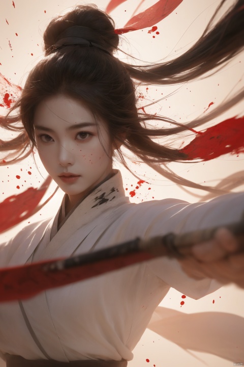  a girl, smwuxia,chinese text,blood, weapon:sw,blood splatter,motion blur,text, Daofa Rune, Ink scattering_Chinese style, xiqing