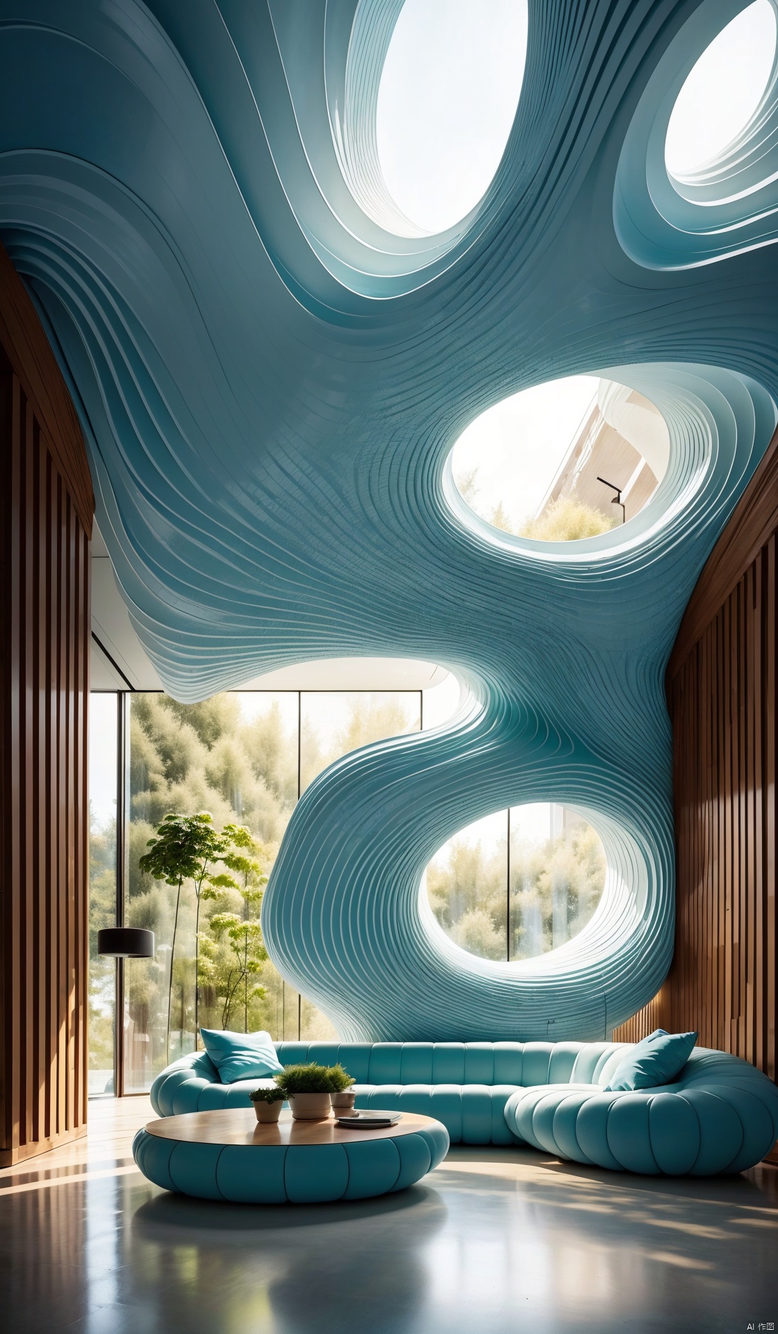  An Internet celebrity restaurant, green stools, white table, surrounded by many plants, roof decoration like clouds, David chipperfield style, soft fog,soft atmospheric scenes,wavy resin sheets terrain photography, soft and circular forms, attention to detail, striped arrangement,In a soft and airy composition style, light qreen, non-traditional use of space, Norwegian nature, commercial imagery, circular forms, plant richness,8k
, Installation art