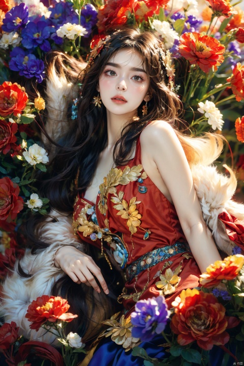  1girl, long hair, flower, Lisianthus, in the style of red and light azure, dreamy and romantic compositions, red, ethereal foliage, playful arrangements, fantasy, high contrast, ink strokes, explosions, over exposure, purple and red tone impression, abstract, whole body capture,
,moyou
