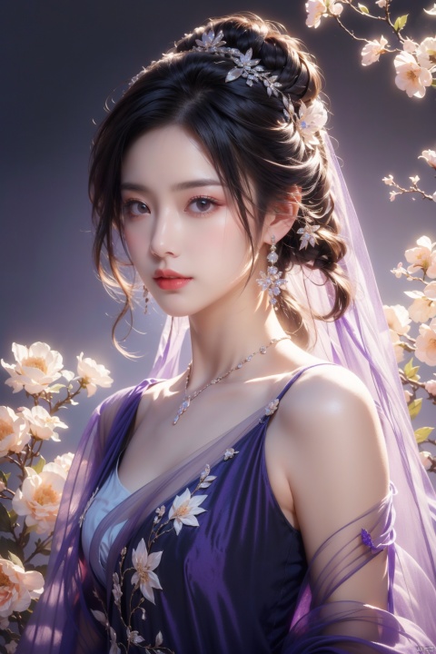  (best quality, high resolution, masterpiece:1.2), beautiful noble girl dynamic half-length portrait, elegant black hair elegantly coiled up, clear purple eyes, exquisite floral arrangement on the hair, crystalline jewelry strands, ultra-detailed, upgraded.