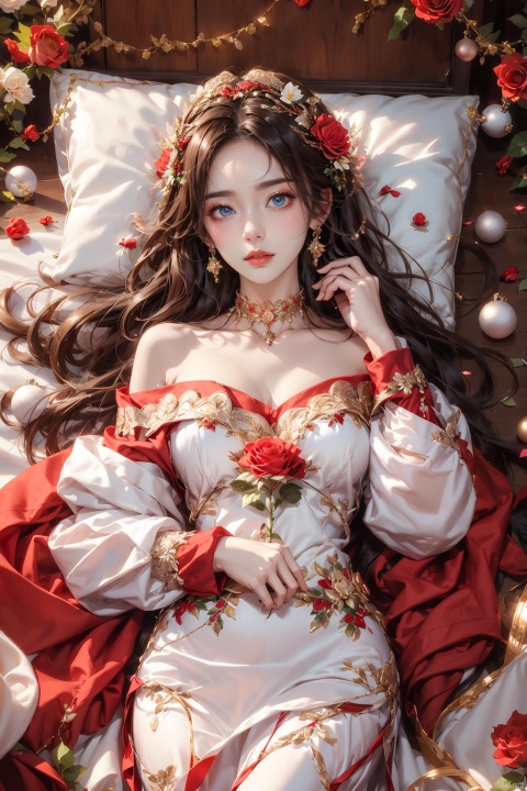  1girl, solo, red flower, flower, blue eyes, long hair, holding flower, holding, rose, dress, petals, hair ornament, red rose, lying, long sleeves, white hair, on back, white dress, looking at viewer, choker, parted lips, bare shoulders, blush, bangs, off shoulder, black choker, hair flower, off-shoulder dress, very long hair, collarbone, puffy long sleeves, puffy sleeves, rose petals, hair between eyes,eyesseye, dofas, crystal, yunbin, qianjin, christmas, Trainee Nurse, Nebula