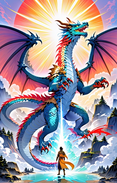This painting depicts an Asian style dragon with laser eyes that emit a powerful beam of gamma rays. Wearing a golden standing collar cape, the entire scene adopts a realistic and ultra detailed rendering style, making the dragon look very ethereal and realistic

The dragon's body has smooth textures, and the colorful colors make the entire painting full of vitality and energy. Its scales, claws, wings, and other details have been carefully drawn, making people want to touch them