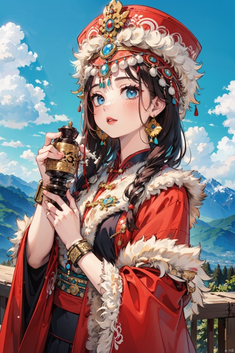  (Masterpiece, top quality, best quality, official art, beauty and aesthetics: 1.2), White Tibetan clothing,1girl, blue sky, cloud, cloudy sky, day, earrings,Plush hat, horizon,Chinese Tibetan clothing,Tibetan Earrings,Silver Tibetan prayer wheel,Tibetan girl , jewelry, lips, mountain, outdoors, parted lips, red lips, sky, solo, upper body,Holding a Tibetan prayer wheel, 8k, crazy details, complex details,