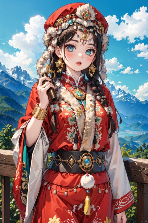  (Masterpiece, top quality, best quality, official art, beauty and aesthetics: 1.2), White Tibetan clothing,1girl, blue sky, cloud, cloudy sky, day, earrings,Plush hat, horizon,Chinese Tibetan clothing,Tibetan Earrings,Silver Tibetan prayer wheel,Tibetan girl , jewelry, lips, mountain, outdoors, parted lips, red lips, sky, solo, upper body,Holding a Tibetan prayer wheel, 8k, crazy details, complex details,