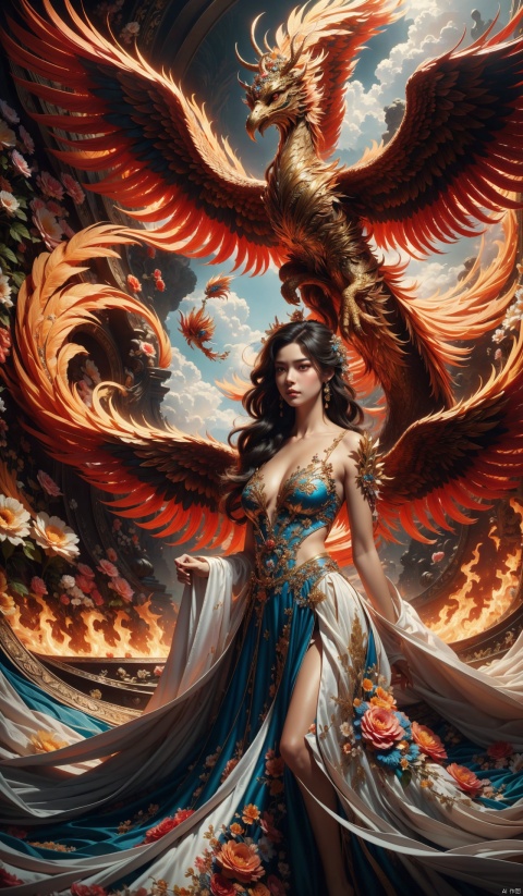  (Masterpiece), (Best Quality), (Super Detail), 1 girl, messy long hair, solo. Standing in front of the phoenix, a sparkling dress and huge flowers. In the blooming valley, the phoenix has colorful feathers, and flames emanate from its body. The sky, clouds, lava, high-quality fantasy art, surrounded by huge flowers. Contrast, extraordinary aesthetics, best quality, magnificent artwork, (illustrations), extremely exquisite and beautiful, Tindell effect, ultra fine, complex and realistic painting. Popular digital art masterpieces on DeviantArt and Artstation.

