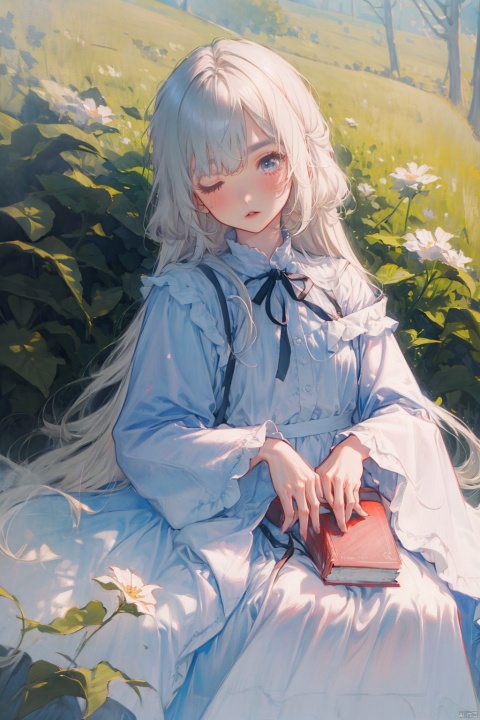 1girl,solo,half-closed eyes,eyes,lying,dress,white hair,on back,flower,white dress,parted lips,grass,holding,bangs,long sleeves,feathers,outdoors,quill,wide sleeves,sleeping,open book,white flower,blush,holding book,masterpiece,best quality,extremely detailed CG unity 8k wallpaper,long hair