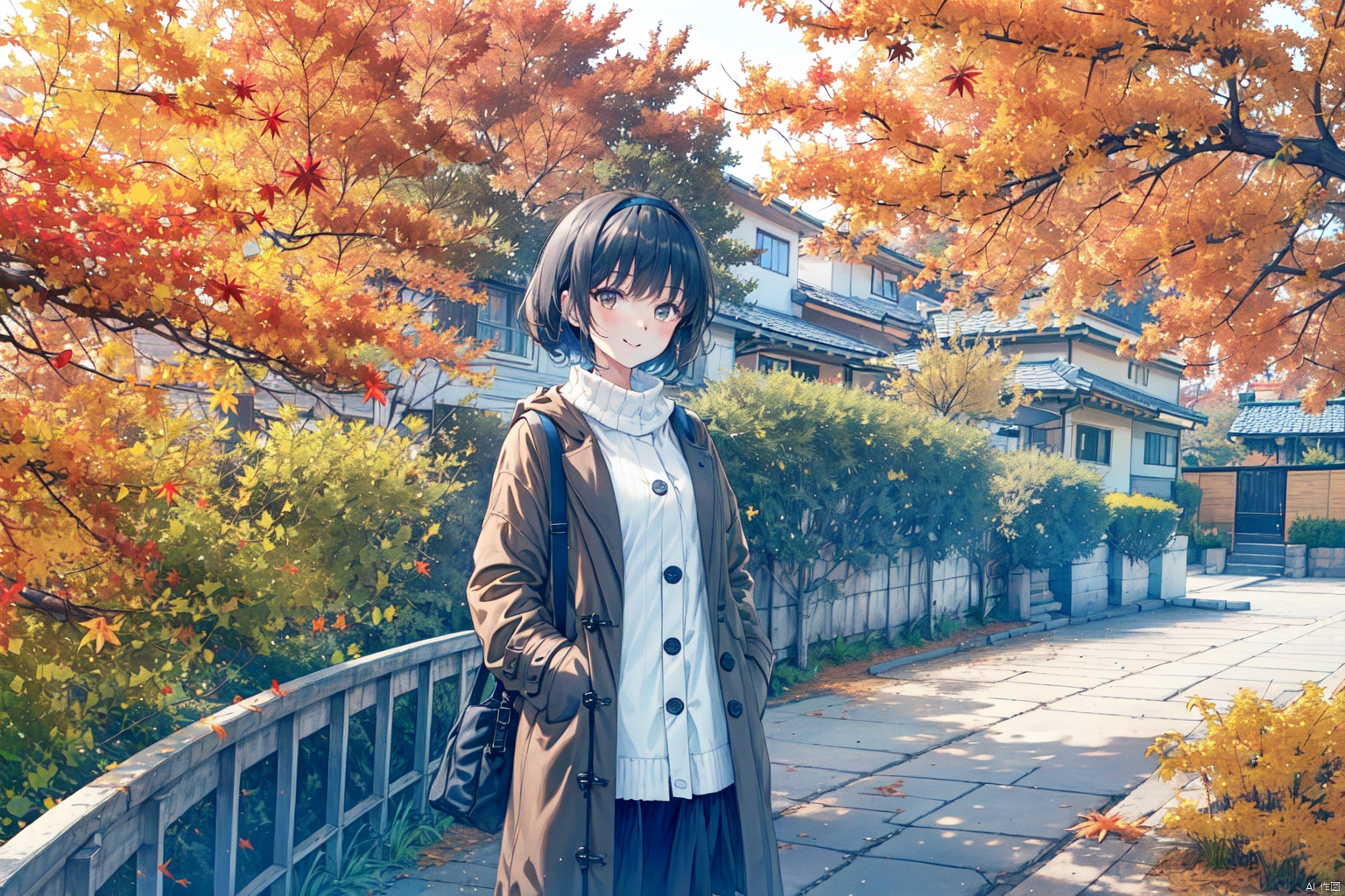 1girl, autumn, autumn_leaves, long_hair, solo, tree, holding, outdoors, hairband, skirt, holding_cup, railing, ferris_wheel, cup, long_sleeves, white_hairband, bangs, leaf, black_hair, looking_at_viewer, falling_leaves, bag, jacket, smile, jacket_on_shoulders, disposable_cup, wind, open_clothes, brown_eyes, blush, standing, shirt, maple_leaf, coat, handbag, white_shirt, black_skirt, coffee_cup, cowboy_shot, open_coat, sky, brown_coat