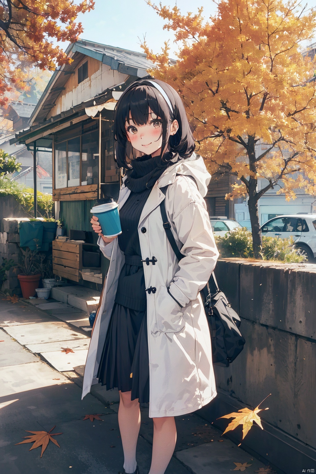 1girl, autumn, autumn_leaves, long_hair, solo, tree, holding, outdoors, hairband, skirt, holding_cup, railing, ferris_wheel, cup, long_sleeves, white_hairband, bangs, leaf, black_hair, looking_at_viewer, falling_leaves, bag, jacket, smile, jacket_on_shoulders, disposable_cup, wind, open_clothes, brown_eyes, blush, standing, shirt, maple_leaf, coat, handbag, white_shirt, black_skirt, coffee_cup, cowboy_shot, open_coat, sky, brown_coat