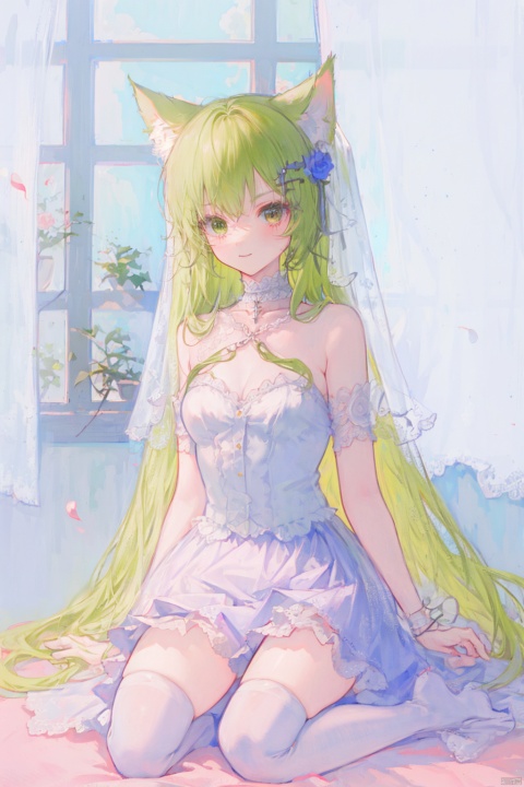  1girl, animal_ears, solo, thighhighs, breasts, long_hair, heterochromia, white_thighhighs, yellow_eyes, blue_eyes, veil, smile, sitting, looking_at_viewer, flower, bare_shoulders, choker, green_hair, cat_ears, small_breasts, closed_mouth, wariza, white_flower, zettai_ryouiki, bridal_veil, collarbone, animal_ear_fluff, jewelry, white_rose, skirt, strapless, white_choker, necklace, extra_ears, cross, rose, blush, wedding_dress, white_dress, hair_ornament, see-through, dress, between_legs, bangs, cleavage, white_skirt, arm_strap, curtains, hand_between_legs, v-shaped_eyebrows, petals, armlet, hair_flower, sidelocks, thighs