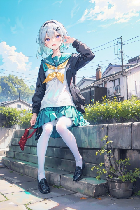  (((best quality))),(((ultra detailed))),(((masterpiece))),illustration," 1girl,serafuku,school uniform,blue sky,cloud,day,building,railing,sitting on stairs,stone stairs,smile,long hair,hand up,purple eyes,black jacket,white shirt,hair ornament,hairband,hair between eyes,ribbon,blush,black footwear,long sleeves,pleated skirt,green skirt,aqua skirt,pantyhose,white legwear,loafers,skirt,open clothes,open jacket,looking at viewer,solo,outdoors,arm support,very long hair, silver hair, shirt, sailor collar, shoes, sitting, open mouth, sky